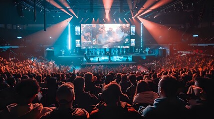 Packed Esports Stadium Crowd Focused on Center Stage - Big Screen Arena Event