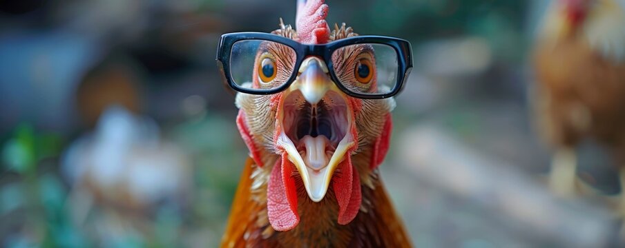 Crazy loud chicken wearing glasses and yelling loudly.