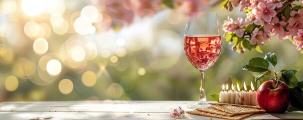 Matzo, wine, menorah and pink flowers apple tree for passover celebration on white plank table on blur nature background with space for text