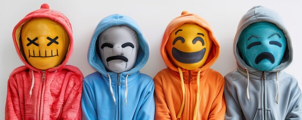 Four people in colorful hoodies and emoji masks - obrazy, fototapety, plakaty