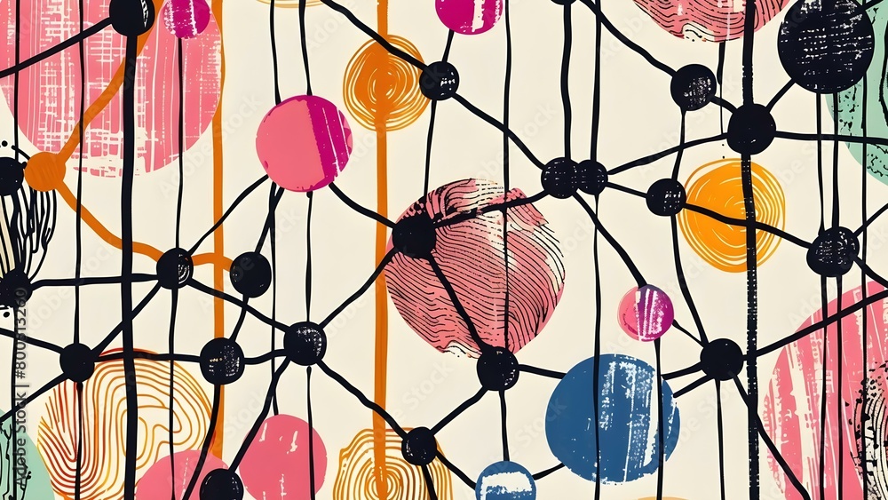 Poster illustration of a neural network in flat style demonstrating nodes and connections for learning algo