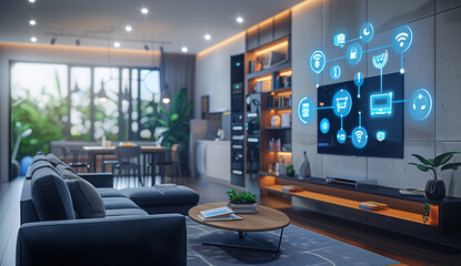  AI powered smart home interior, showcasing various digital holographic projections representing different room types and their networked communication with the main system through data connections
