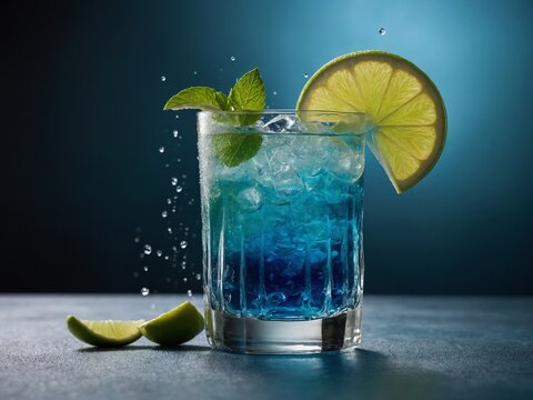 Vibrant blue cocktail being served in rocks glass with ice, garnished with lime wheel, fresh mint sprig. Cocktail fizzy, refreshing, perfect for summer day.