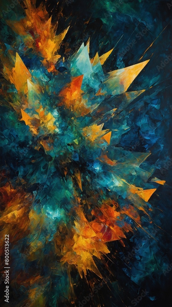 Poster jagged shards of color explode outward from center of canvas, fiery oranges, yellows contrasting wit