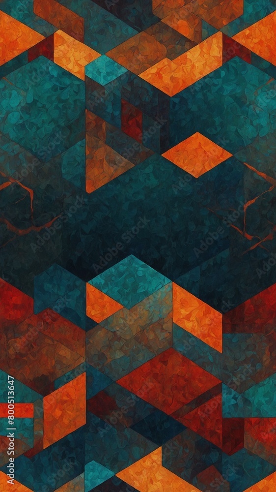 Poster geometric pattern formed by interlocking 3d cubes in shades of orange, teal, brown. cubes arranged i