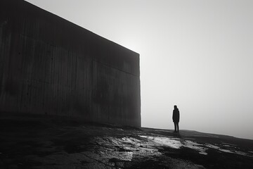 A dark figure stands in front of a large concrete wall. - obrazy, fototapety, plakaty