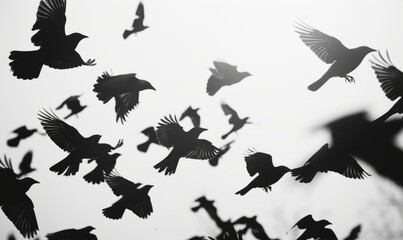 Obraz premium flock of birds flying silhouetted against a white sky