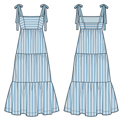  Tiered Maxi Dress technical fashion illustration, striped design. Strap Dress fashion flat technical drawing template, bustier, relaxed fit, front and back view, blue, women CAD mockup set.