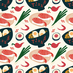Seamless pattern with ramen noodle and sushi. Asian menu.