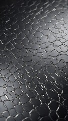 Dark surface covered in network of cracks, creating pattern of irregular polygons. Cracks vary in width, depth, with some appearing as fine lines while others more pronounced, casting shadows.