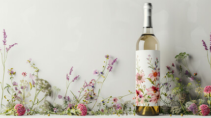 Wine Bottle Mockup Adorned with Vibrant Floral Decorations - Springtime Celebration or Outdoor Garden Party - Flowers on a Blank Label - Rose or Champagne