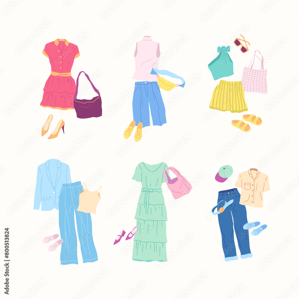 Wall mural Cartoon Clothes Female Different Style Summer Combo Set Concept Flat Design Style Isolated on a White Background. Vector illustration