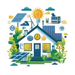 smart sustainable house technical schematic illustration with a simple and clean design in blue and green on white background