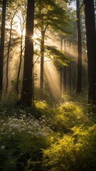 Golden sunlight streams through tall trees of lush forest, illuminating mist, creating magical atmosphere. Patches of delicate white wildflowers, vibrant green ferns dot forest floor.