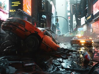 Obraz premium A crashed car is flipped on its side in the middle of a busy city street. The street is littered with debris and there are buildings on either side of the street.