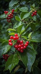 Fototapeta premium Clusters of bright red berries hang from thin branches surrounded by vibrant green leaves, glistening with droplets of water. Berries small, round.