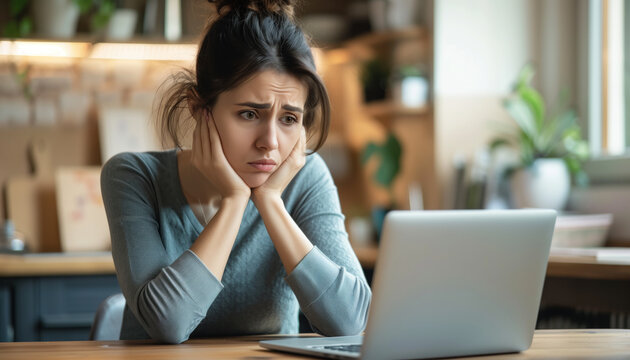 A close-up view of a woman looking anxious and worried at a screen.