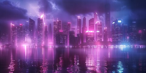 Fototapeta premium Sci-fi City Skyline with Purple and Cyan Neon lights. Night scene with Advanced Skyscrapers.