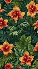 Vivid orange, red hibiscus flowers bloom against backdrop of lush, deep green tropical leaves. Intricate details of petals, foliage captured in realistic style, creating sense of depth, texture.