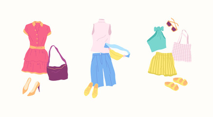 Cartoon Clothes Female Summer Combo Set Concept Flat Design Style Isolated on a White Background. Vector illustration