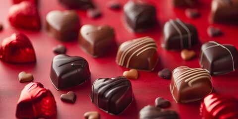 Obraz premium Heart Shaped Chocolates on a Red Surface.