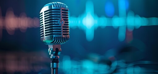 photo of microphone with sound wave on blue background, banner design, copy space concept. silver vintage microphone on blue background, karaoke night