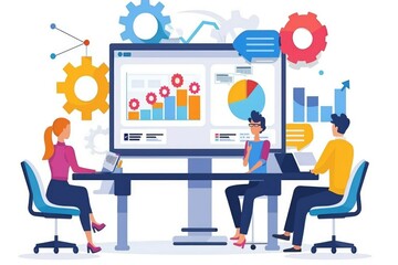 A group of professionals sit around a table, focused on a large screen displaying important information for new employees