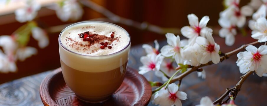 beautiful romance a cup of latte tea or chocolate serve with cherry blossom flower branch, spring season and national spring festival theme drink