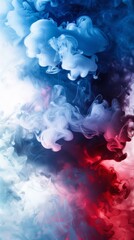 Red, white, and blue smoke intertwining on a dark background