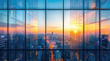 The image shows a cityscape seen from a high rise window during the evening