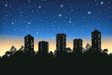A city skyline at night with stars twinkling in the dark sky. Lights glimmer in the windows of tall buildings, creating a striking contrast
