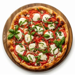 Studio-lit top shot of a Caprese pizza, emphasizing the lush textures of fresh tomatoes and soft mozzarella, designed for menu use, isolated for versatility