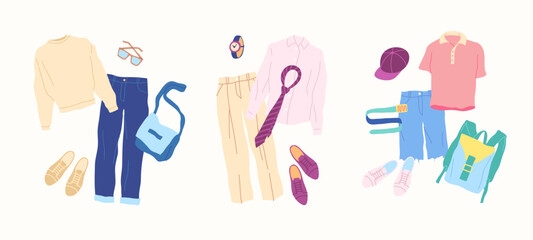 Cartoon Clothes Male Different Style Combo Set Concept Flat Design Style Isolated on a White Background. Vector illustration