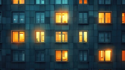 A large multistory building with numerous windows lit up at night, creating a striking urban scene