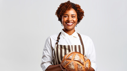 Obraz premium Portrait of a happy smiling african american black baker woman with fragrant fresh bread in her hands. Fresh classic French pastries.