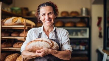 Portrait of a happy smiling beautiful woman baker with fragrant fresh bread in her hands. Fresh classic French pastries.