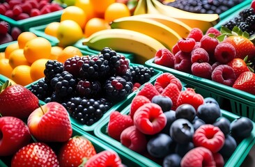Various fruit and berries in tray at supermarket