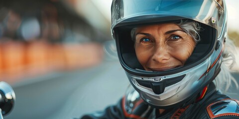 mage of aged gray haired female racer with wrinkles wearing helmet and protective glasses while smiling and looking at camera against blurred background