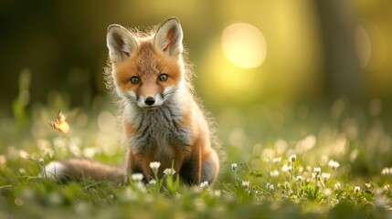   A tight shot of a tiny fox in a sea of green grass, holding a butterfly in its mouth, and a hazy backdrop