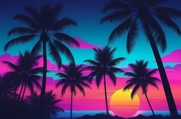 Fototapeta na wymiar Illustration of a tropical background with sunset or dawn in neon light in retro style. Palm trees and the sun