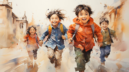 Fototapeta premium A group of children holding hands and running towards the camera, colorful background, abstract watercolor painting style, impressionist painting, wide angle, full body shot, bright colors, simple lin