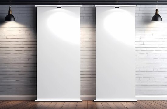 Two blank white vertical banners are hanging on a wall, ready for customization and display. A place to inscribe and advertise your product.