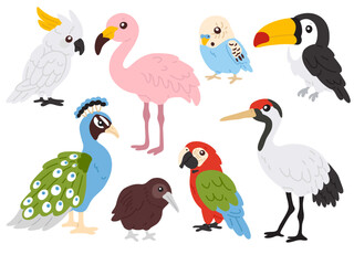 Obraz premium Vector illustration set of cute tropical birds for digital stamp,greeting card,sticker,icon,design