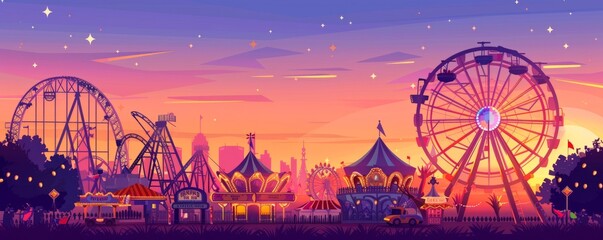 Vector background of amusement park. Poster design invitation of the carnival funfair and amusement with sunset. Ferris wheel, roller coaster and carousel festive parks attractions. - Powered by Adobe