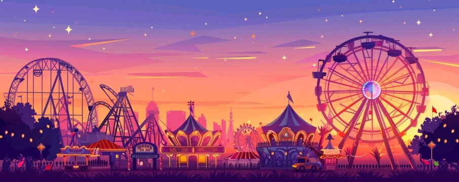 Vector background of amusement park. Poster design invitation of the carnival funfair and amusement with sunset. Ferris wheel, roller coaster and carousel festive parks attractions.