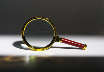 Intense business analysis, document search with magnifying glass. Market survey, financial audit,