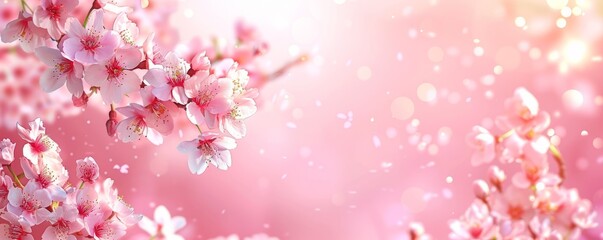 Horizontal banner with sakura flowers of pink color on sunny backdrop. Beautiful nature spring background with a branch of blooming sakura. Sakura blossoming season in Japan