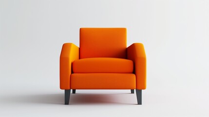 A sleek orange modern chair, simple and elegant, standing alone against a pure white background.