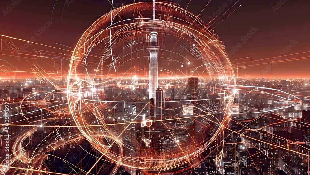 Poster cityscape with digital elements symbolizing highspeed internet cloud data and global connectivity . 