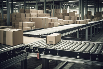 generated illustration of cardboard boxes sitting on a conveyor line at a production facility,